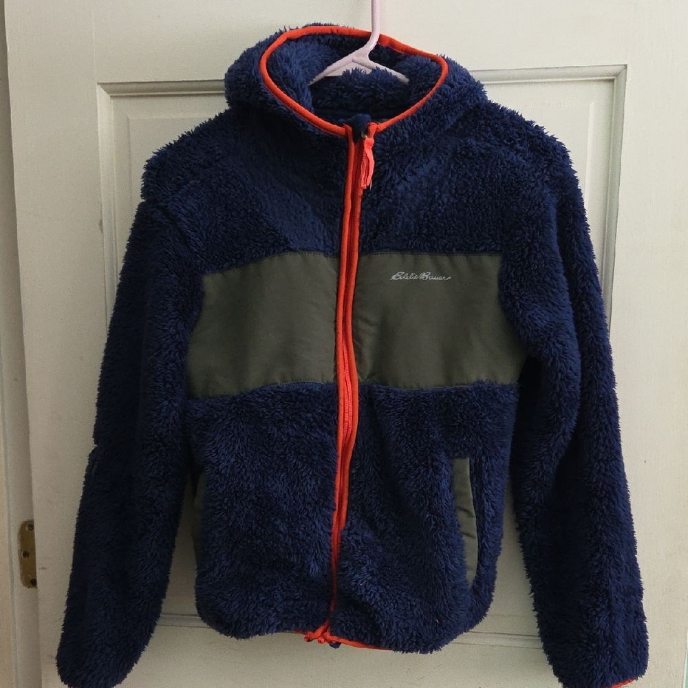 Eddie Bauer Blue and Green Fleece Jacket with Red Trim